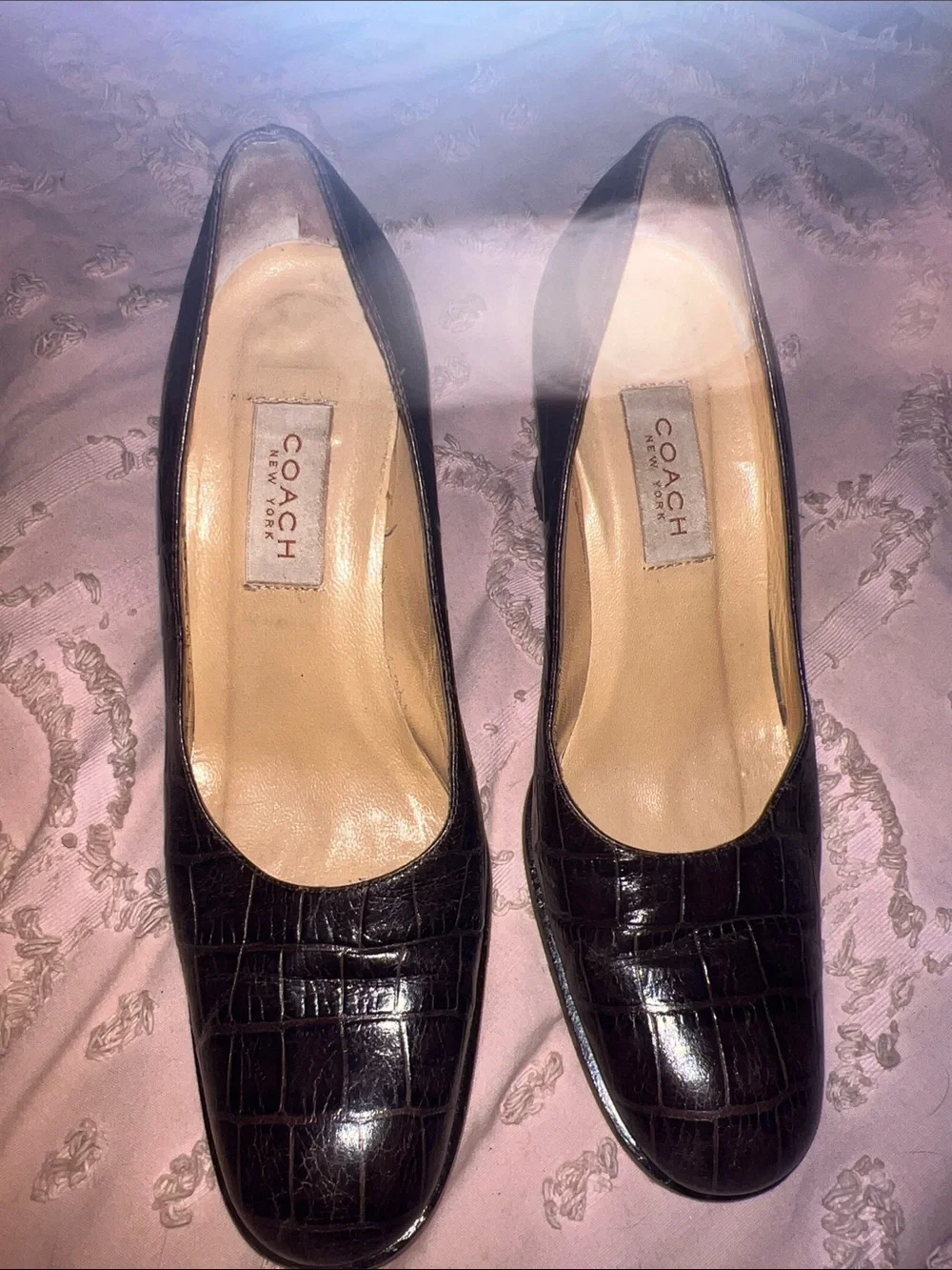 Coach Croc-Embossed Patent Leather Pumps in Dark Brown